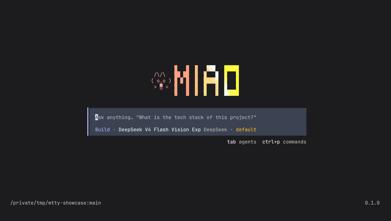 The current terminal start screen, with the selected agent, model and reasoning variant beside the input.