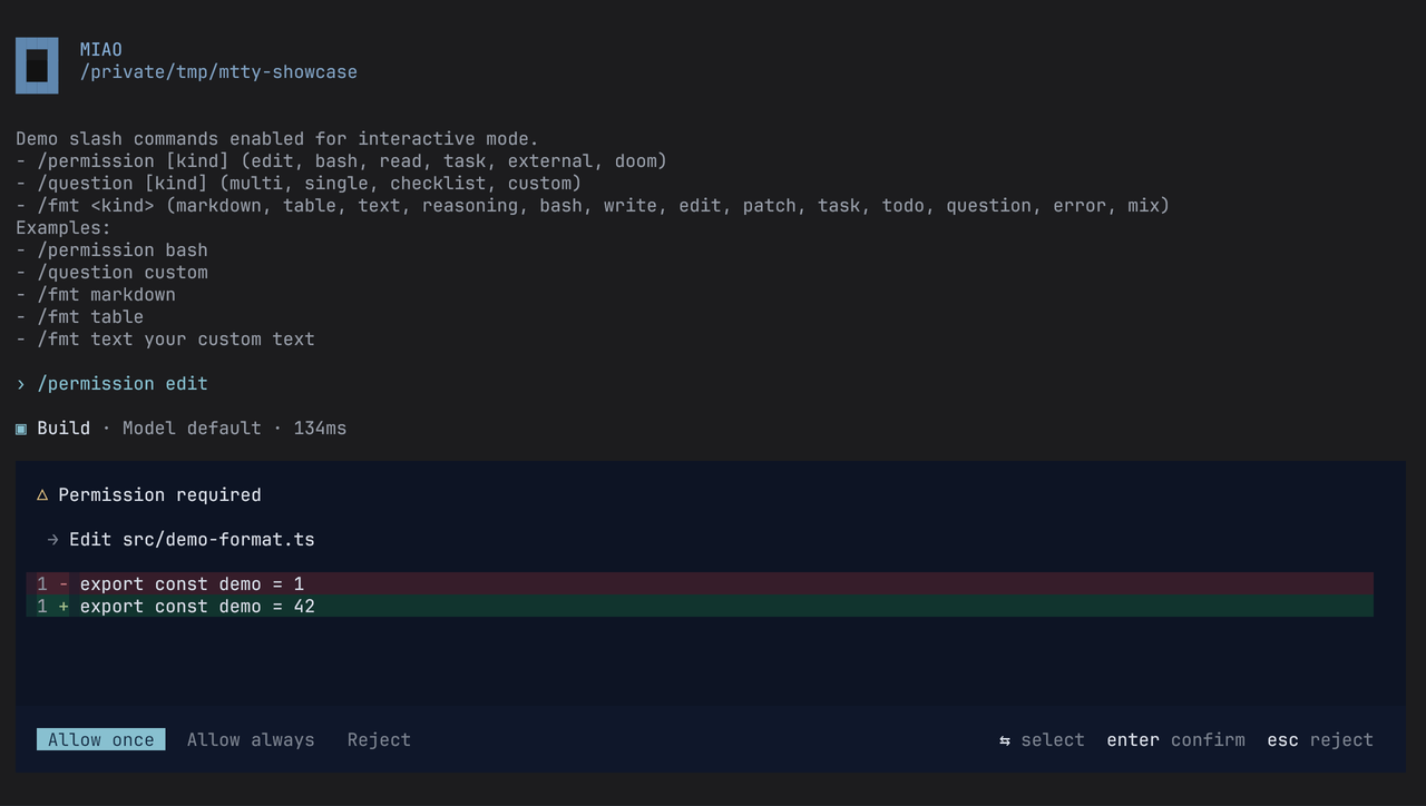 The mini interface's edit-permission prompt shows the proposed diff and Allow once, Allow always and Reject choices. Built-in demo mode.