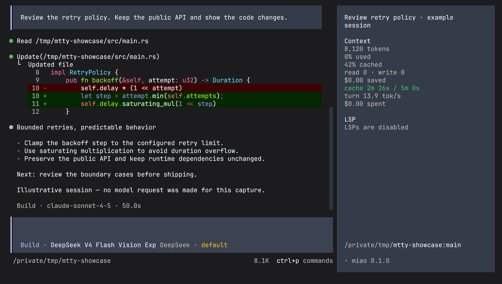 Current miao terminal UI showing an example code review, an inline edit diff, the response and context telemetry.