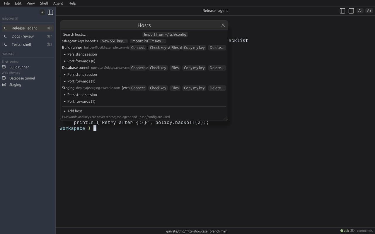 A grouped host library with SSH destinations, jump-host configuration, file access and saved port forwards. Addresses shown are examples.