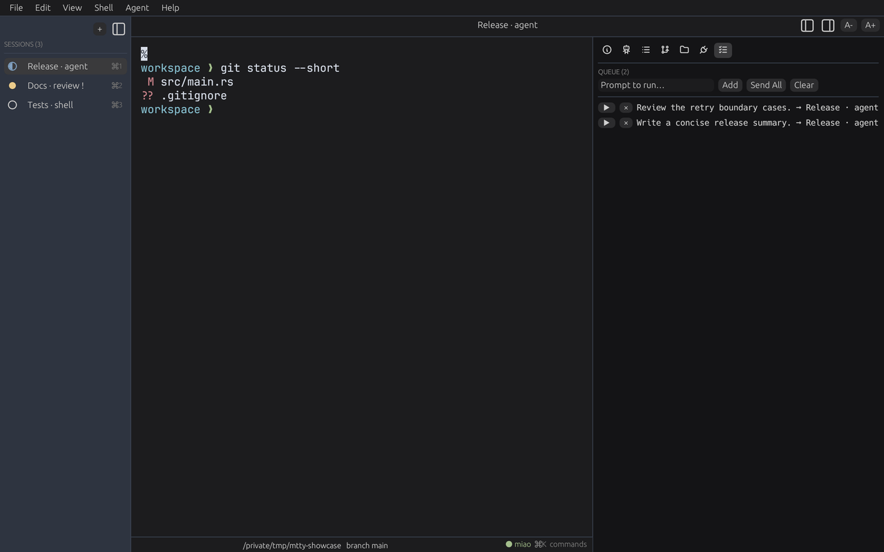 The Queue panel holds follow-up prompts for the active agent pane while it is processing.