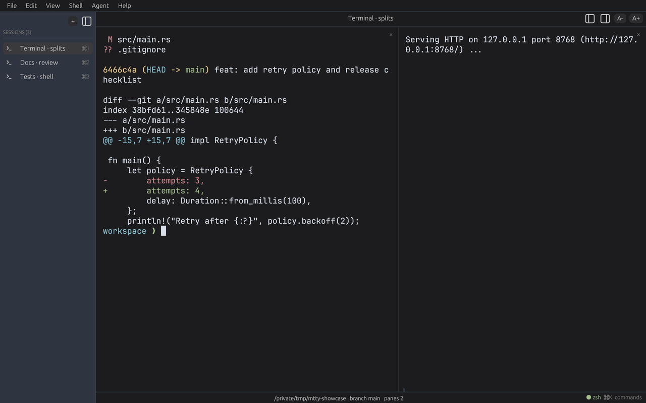 Git changes and an actual local HTTP server run side by side in one tab; both panes use the same workspace.