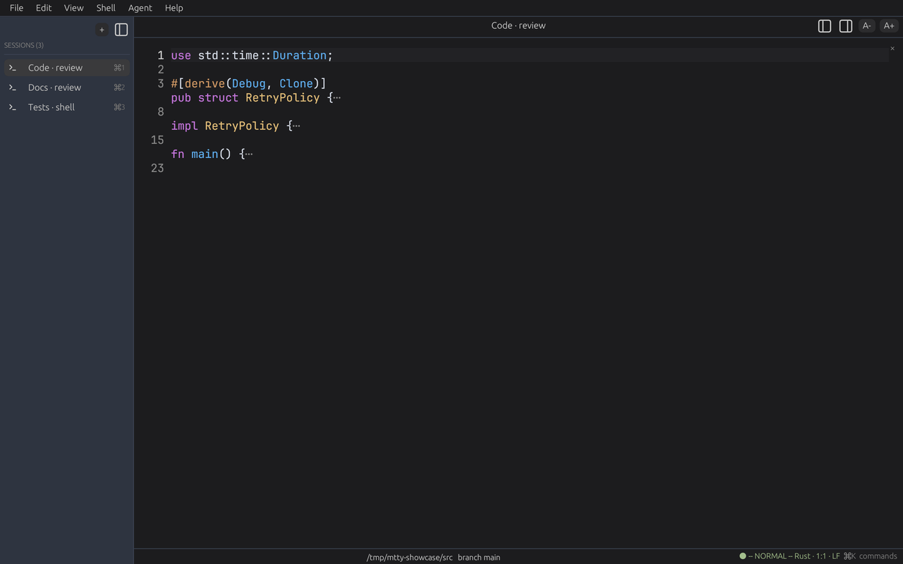 The editor in opt-in Normal mode, with syntax-tree folds collapsed in the line-number gutter.