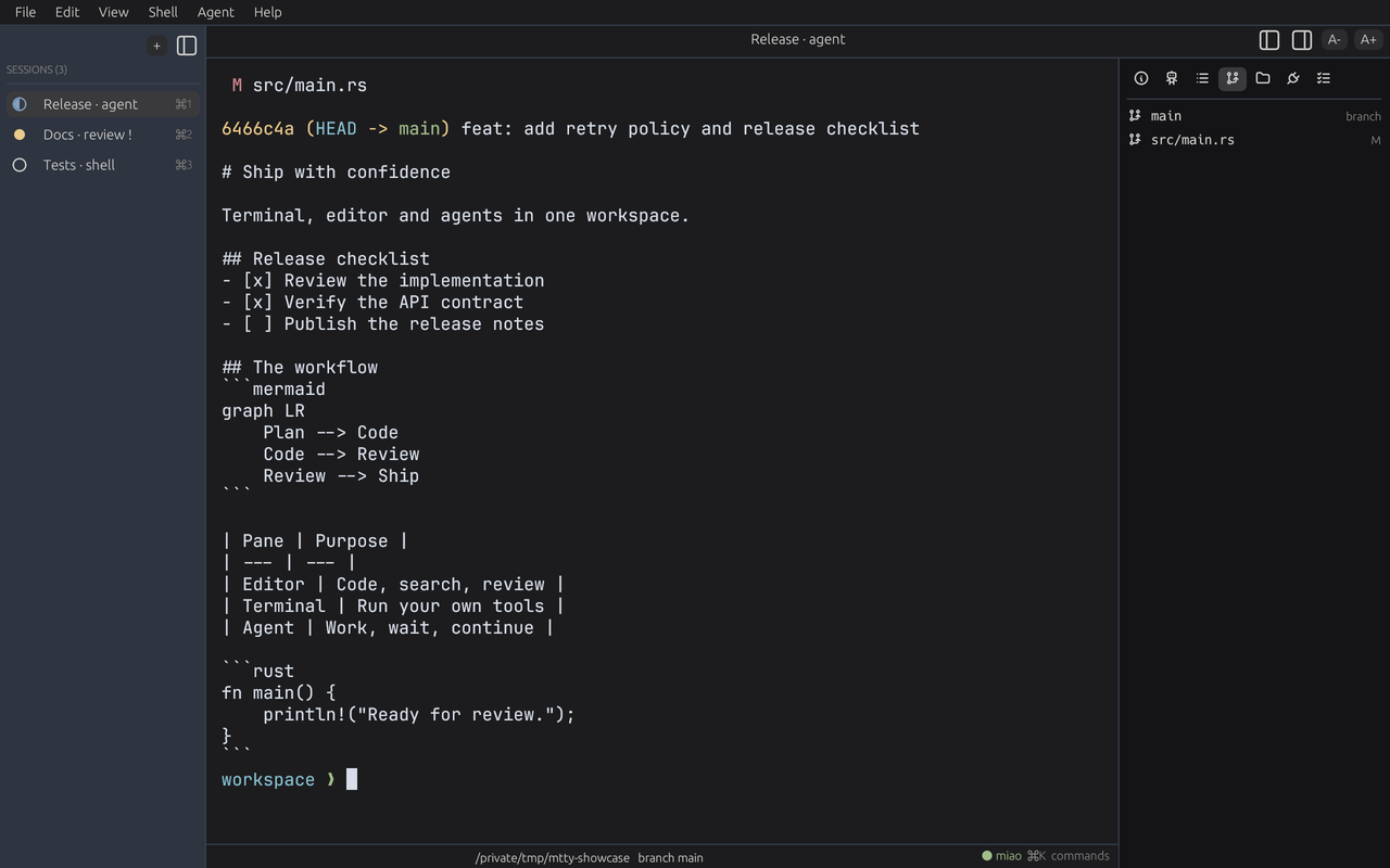 Three example sessions with processing, awaiting and idle badges, a code change in the terminal and Git details beside it.